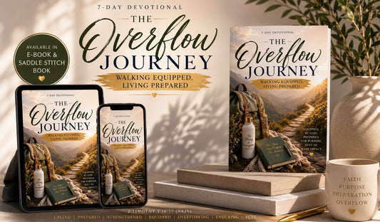 Promotional image of 'The Overflow Journey' book and devotional materials on a neutral background.