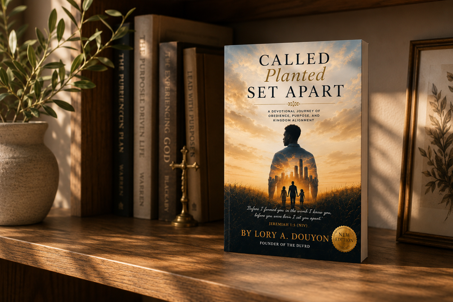 The book 'Called Planted Set Apart' by Lory A. Douyon stands upright on a wooden shelf next to other books, a potted plant, and a framed print.