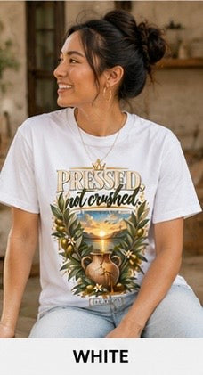 White pressed graphic tee with large front illustration and slogan