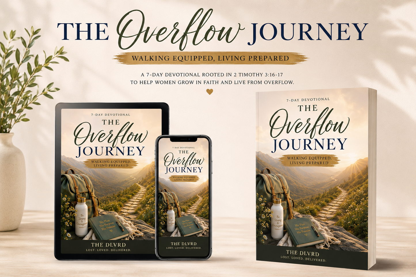 The Overflow Journey book and phone display with a scenic cover on a light background