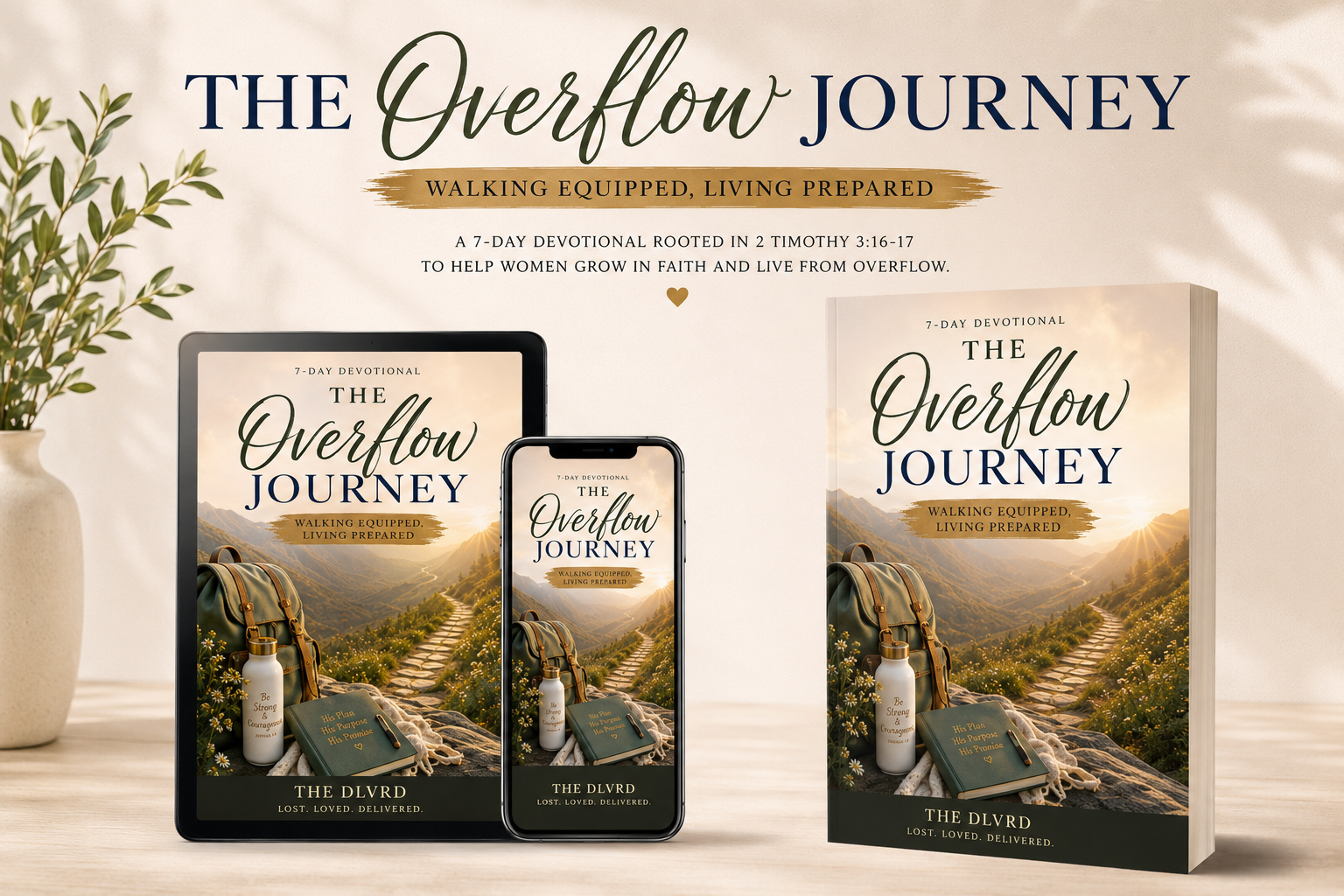 The Overflow Journey book and phone display with a scenic cover on a light background