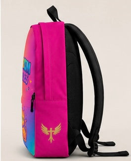 Kids backpack side view with rainbow color blocks and black shoulder strap