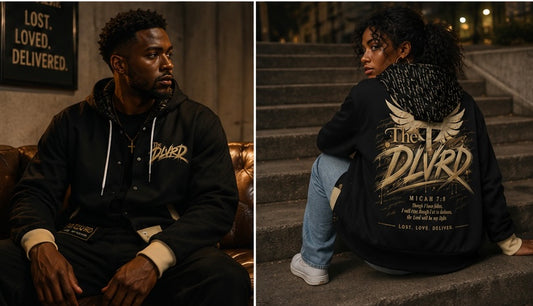 Black zip-up hoodie jacket with gold logo graphic and front pouch pocket, hood up
