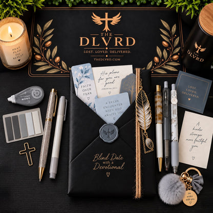 Adult blind date devotional kit in black envelope with gold logo and faith card