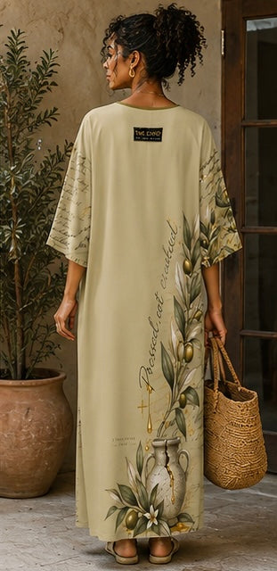 A woman stands with her back to the camera wearing a long cream-colored kaftan dress with olive branch and grapevine illustrations. She is holding a woven straw tote bag in a rustic doorway setting.