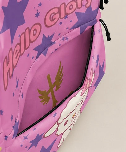 Kids backpack side view with purple stars, zipper edge, and Hello Glory graphic