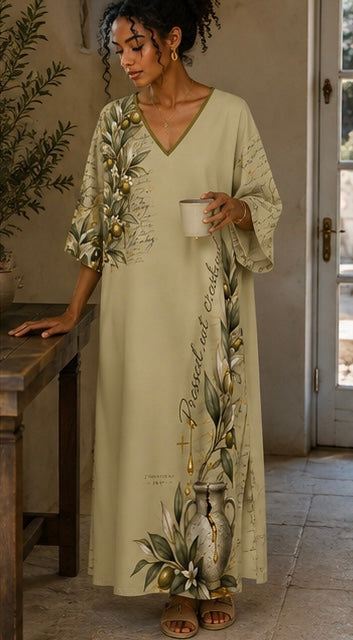 A woman wearing a long cream-colored kaftan dress with olive and grapevine illustrations, holding a white mug in a rustic indoor setting.