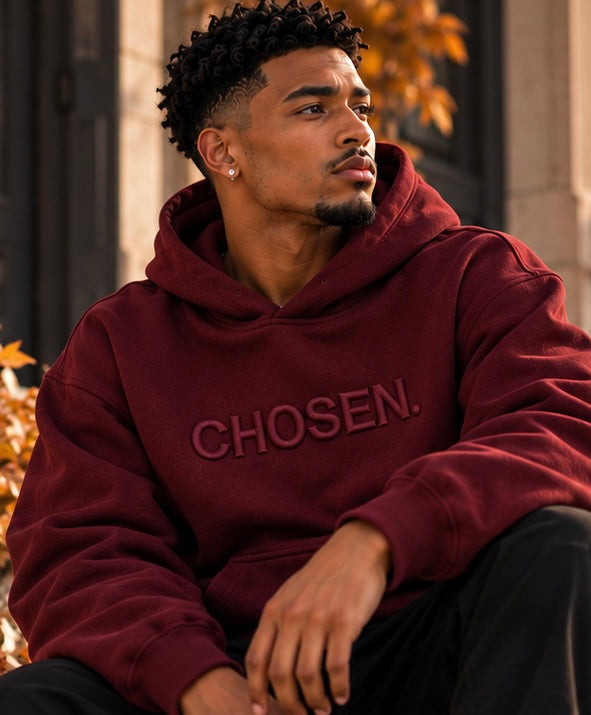 Maroon CHOSEN. hoodie with front hood and kangaroo pocket