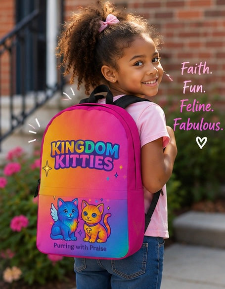 Kids backpack with rainbow gradient, cat graphic, top handle, padded straps