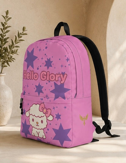Kids backpack 3/4 view in purple with star pattern, Hello Glory text, and lamb