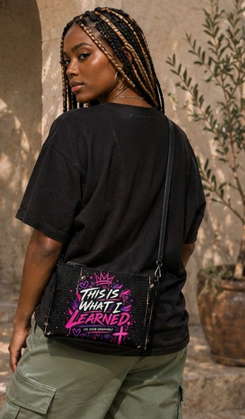 Black crossbody bag on back view with purple graphic print, adjustable shoulder strap