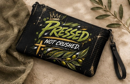 Black crossbody bag with 'PRESSED NOT CRUSHED' front graphic, zip top and wrist strap