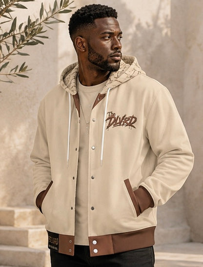 Cream zip-up hoodie with hood, The DLVRD chest logo, brown cuffs and hem