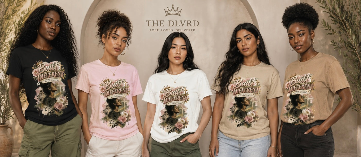 Women’s graphic tee in black, light pink, white, sand, and tan