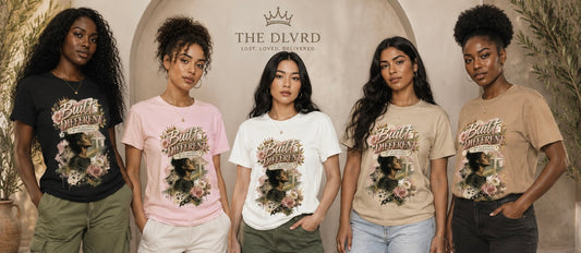 Women’s graphic tee in black, light pink, white, sand, and tan