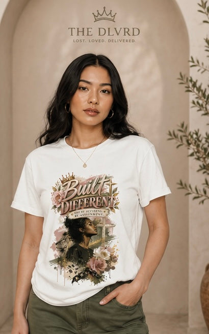 White women’s graphic tee with floral portrait print