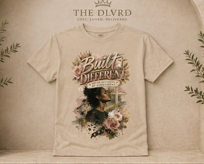 Sand women’s graphic t-shirt with gold and floral portrait artwork