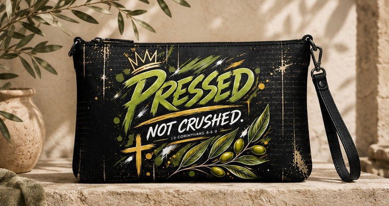 Black crossbody bag on ledge; zipper top and 'PRESSED NOT CRUSHED' crown design