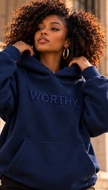 Classic navy pullover hoodie with WORTHY logo and kangaroo pocket