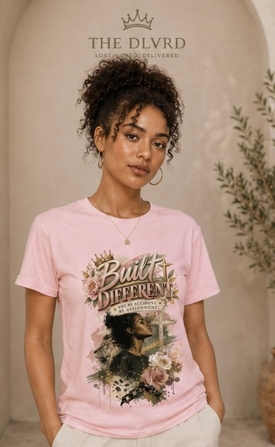 Light pink women’s graphic tee with floral portrait print