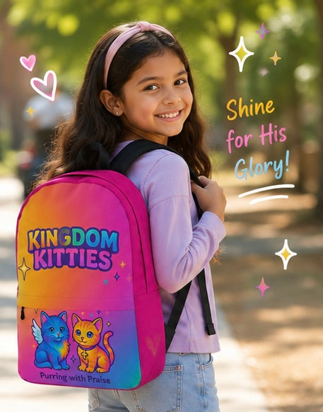 Kids backpack worn on child with rainbow cat design, padded straps, and top handle