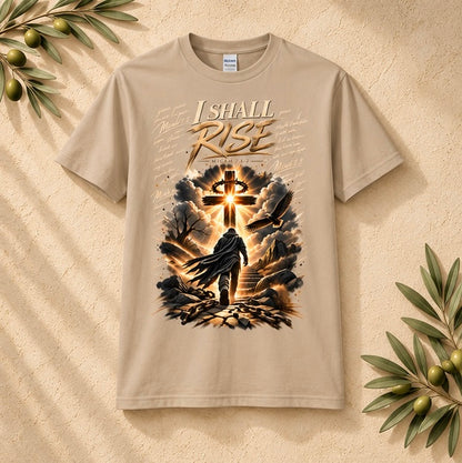Light beige graphic T-shirt with 'I SHALL RISE' cross and dove scene