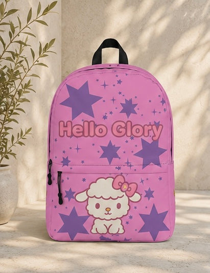Kids backpack front view in purple with Hello Glory text and cartoon lamb