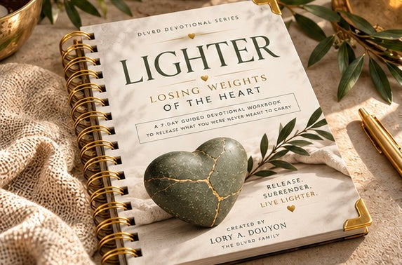 Spiral-bound devotional workbook with cover art, heart graphic, and leafy border