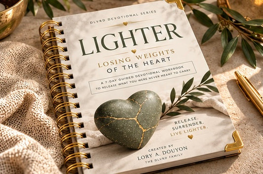 Spiral-bound devotional workbook with cover art, heart graphic, and leafy border