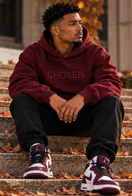 Maroon CHOSEN. hoodie with hood and kangaroo pocket, front view