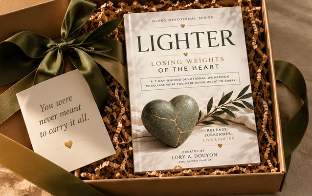 Devotional workbook in a gift box with green ribbon, heart cover, and note card