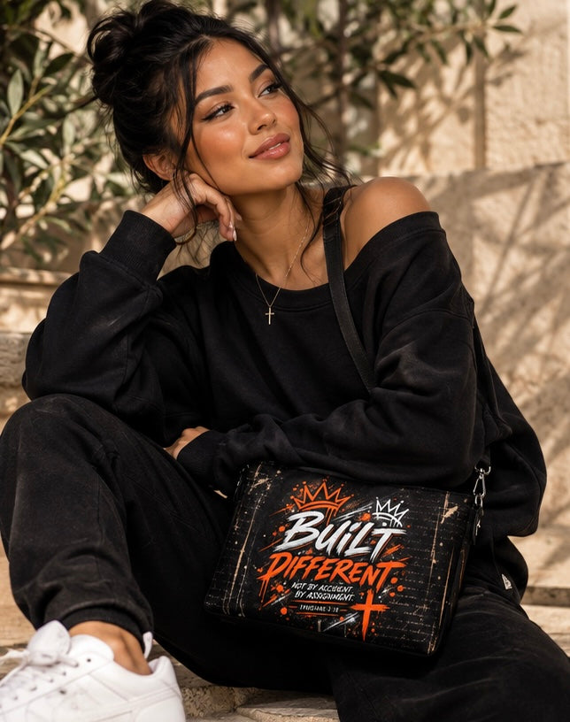 A woman sitting outdoors wearing a black off-the-shoulder sweatshirt and black sweatpants, with a black crossbody bag featuring a textured pattern and the text 'Built Different' in orange and white. She is wearing white sneakers and a small cross necklace.