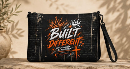 A black wristlet clutch bag with a distressed graphic print featuring the text 'Built Different' in orange and white, with a crown and cross design, displayed on a wooden surface with a warm beige background and leaf shadows.