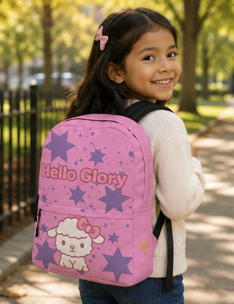 Kids backpack worn by child from side, purple star design with Hello Glory logo