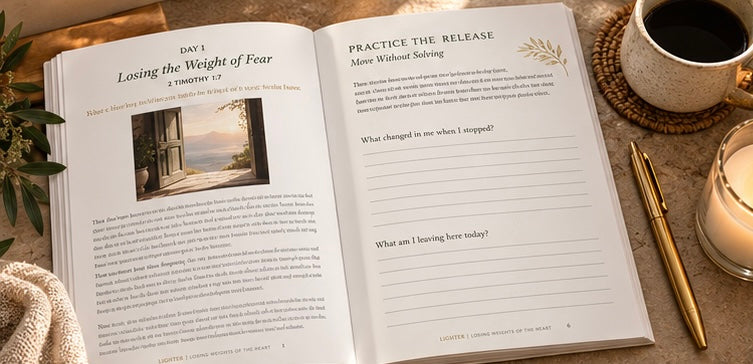 Devotional workbook open to two pages with text, prompts, and lined sections