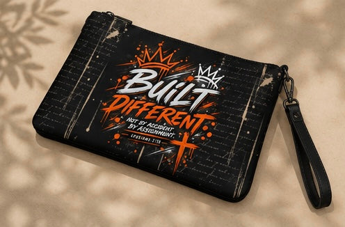 A black zippered wristlet pouch with a distressed graffiti-style graphic that reads 'Built Different' in white and orange, featuring a crown and cross design, shown on a beige textured surface with soft leaf shadows.