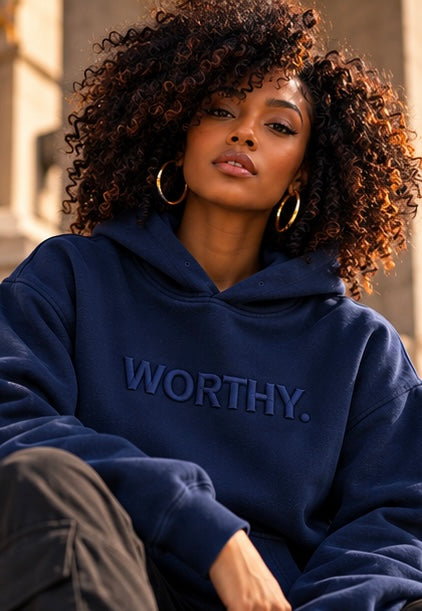 Classic navy pullover hoodie with WORTHY logo, hood, and long sleeves