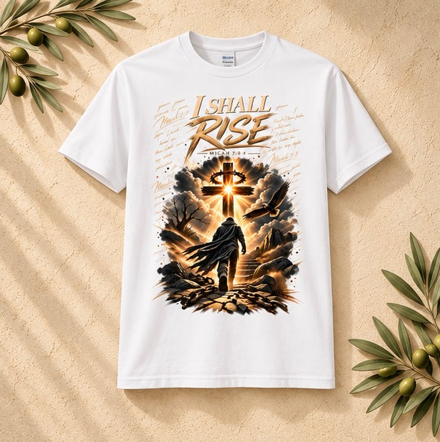 White graphic T-shirt with 'I SHALL RISE' cross and dove scene