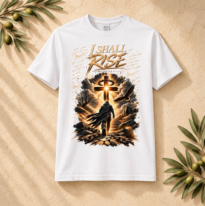 White graphic T-shirt with 'I SHALL RISE' cross and dove scene