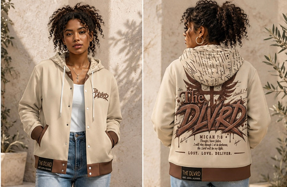 Cream zip-up hoodie with large back graphic and front chest logo, brown waistband