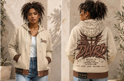 Cream zip-up hoodie with large back graphic and front chest logo, brown waistband