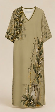 A beige kaftan dress featuring olive branch and acorn illustrations, a small cross, and cursive script, displayed on a neutral background.