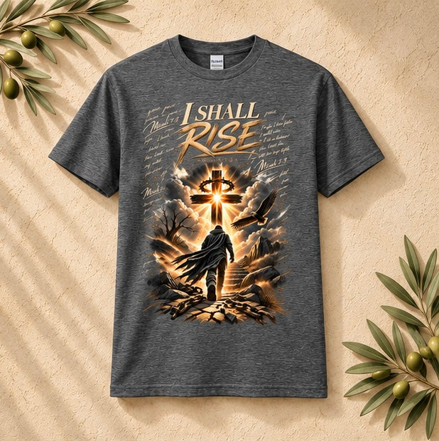 Charcoal heather graphic T-shirt with 'I SHALL RISE' cross and dove scene