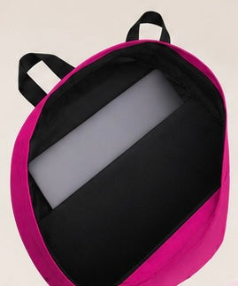 Kids backpack open top with black-lined interior and purple outer rim, grab handle