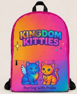 Kids backpack front panel with rainbow gradient, cat duo graphic, and front pocket