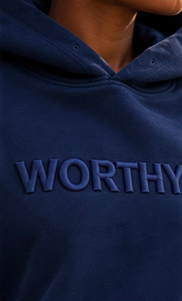 Classic navy hoodie chest logo with hood collar and drawstring area