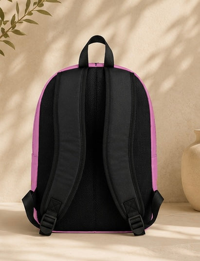 Kids backpack back view in purple with black adjustable straps and padded panel
