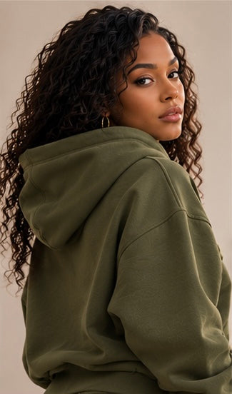 Army green hoodie back view with hood and long sleeves