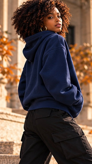Classic navy pullover hoodie with draped hood and side seam detail