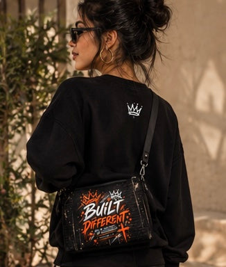 A woman wearing a black crewneck sweatshirt and sunglasses, shown from the back while wearing a black crossbody bag with a colorful graphic that reads 'Built Different' and a small white crown logo on the back of the sweatshirt.